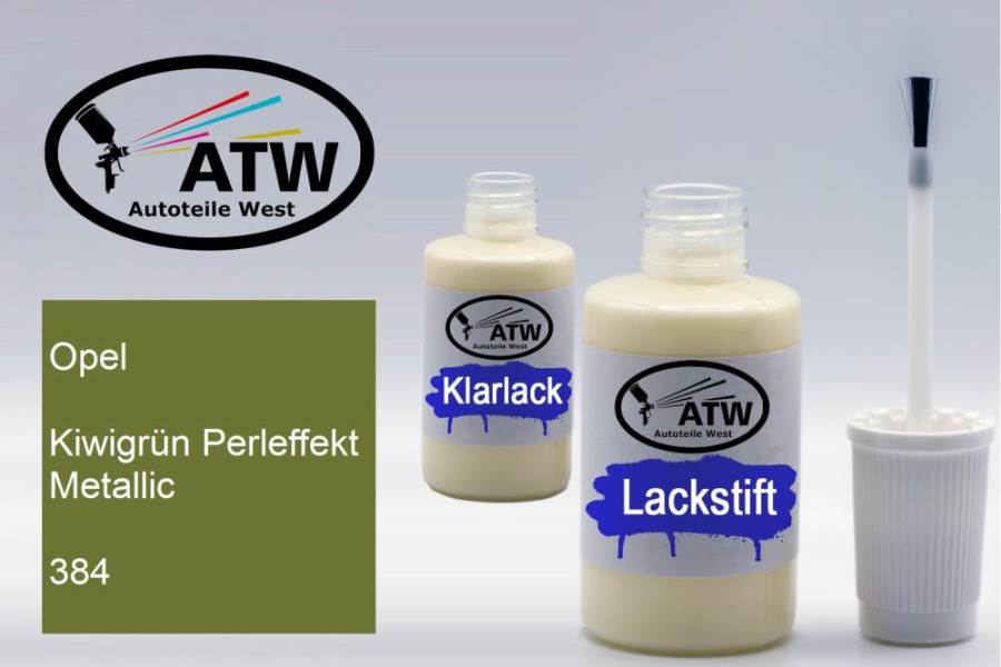 Opel, Kiwigrün Perleffekt Metallic, 384: 20ml Lackstift + 20ml Klarlack - Set, von ATW Autoteile West.